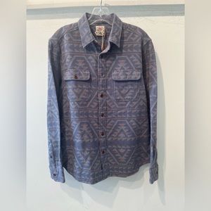 Faherty Canyon Overshirt. Blue with orange and grey print. Brown buttons.